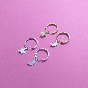 Sterling Zilveren Hoop Oorbellen, Star en Moon Geborsteld Oorbellen, Vergulde oorbellen, Halve maan, hemelse sieraden, Hoop Oorbellen