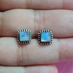 Moonstone Stud, 5mm Moonstone Studs, Sterling Silver Studs, Square Gemstone Studs, Rainbow Moonstone Stud Earrings, Minimal Studs, Fire Blue