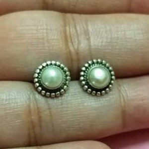 Pearl Earrings, Sterling Silver Studs, Handmade White Pearl Stud Earrings, Minimal Studs, Simple Stone Studs, 21g, Gift For Her
