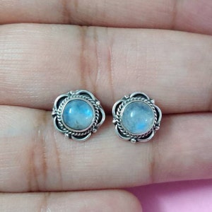 Moonstone Stud, 6mm Moonstone Studs, Sterling Silver Studs, Floral Gemstone Studs, Rainbow Moonstone Stud Earrings, Minimal Studs, Fire Blue