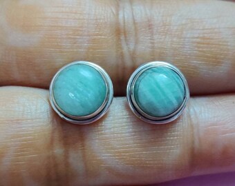 Amazonite Earrings, Sterling Silver Studs, Gift For Her, 8mm Stone, Silver Amazonite Jewelry, Natural Green Earrings, Handmade, Cabochons