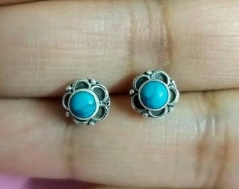 Turquoise Stud Earrings, Turquoise Stud, Sterling Silver Studs, Handmade, Minimal Studs, Simple Stone Studs, December Birthstone