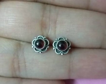 Garnet Stud, Garnet Studs, Sterling Silver Studs, Handmade, Garnet Stud Earrings, Minimal Studs, Flower Studs, Gift For Her,