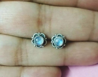 Moonstone Stud, Moonstone Studs, Sterling Silver Studs, Floral Gemstone Studs, Rainbow Moonstone Stud Earrings, Minimal Studs, Fire Blue