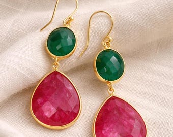 Green Onyx Ruby Drop Earrings – 14K Gold Vermeil Dangle Statement Jewelry