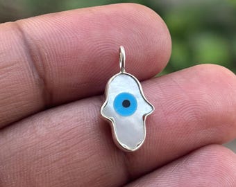 Sterling Silver Hamsa Hand Pendant, Mother of Pearl Evil Eye Charm