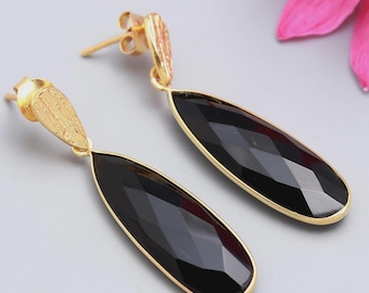 Black Onyx Drop Earrings – 14K Gold Vermeil, Long Oval Dangle Jewelry