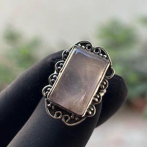 Rose Quartz Rectangular Cabochon Statement Ring – Sterling Silver Vintage Style Pink Crystal