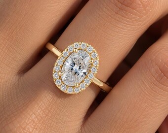 Oval Moissanite Engagement Ring, Sterling Silver Halo Ring, Gold Rose Gold Bridal Ring, Oval Wedding Ring, Sparkling Promise Ring