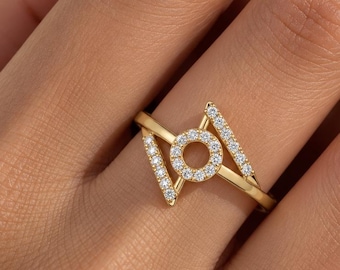 Moissanite Geometric Ring, Sterling Silver Open Circle Ring, Modern Statement Ring, Gold Rose Gold Bridal Jewelry, Unique Promise Ring