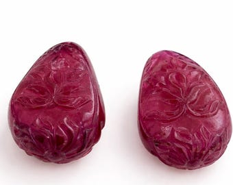 Natural Pink Tourmaline Pair, Hand Carved Tourmaline Cabochons, Floral Gemstone Pair