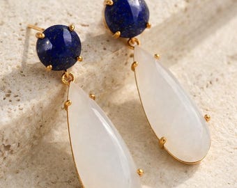 Lapis Lazuli Chalcedony Earrings, 14K Gold Vermeil Drops