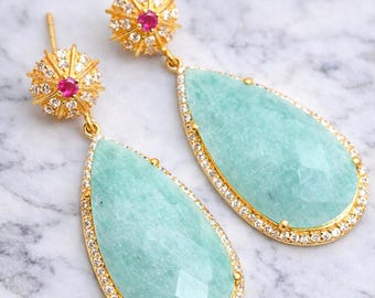 925 Sterling Silver Gold Plated Amazonite CZ Earrings,amazonite drop earrings,CZ earrings,amazonite earrings,gemstone earrings