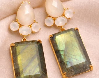 Labradorite White Chalcedony Drop Earrings – 14K Gold Vermeil Statement Dangle Jewelry
