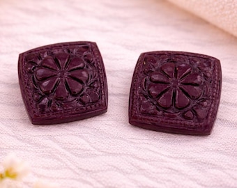 Natural Ruby Carved Pair, Hand Carved Ruby Cabochons, Floral Ruby Gemstones