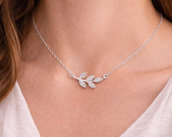 Moissanite Leaf Necklace, Sterling Silver Nature Branch Pendant