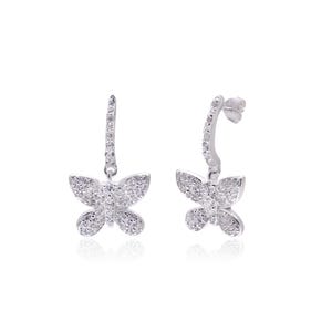 May include: A pair of silver-toned butterfly earrings. Each earring features a butterfly pendant with a detailed, sparkling design. The earrings have a curved, studded top that connects to the butterfly.