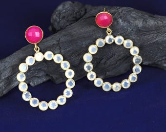 Pink Chalcedony Drop Earrings, 925 Sterling Silver Gold Plated White Gem Hoop Earrings