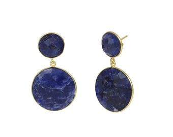 Blue Sapphire Sterling Silver Earrings, Gold Plated Drop Dangle Statement Earrings