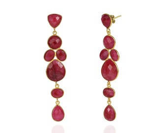 Ruby Drop Earrings, 925 Sterling Silver Gold Plated Statement Dangle Earrings