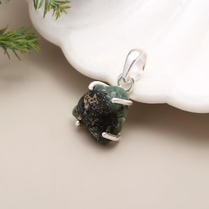 Sterling Silver Emerald Pendant Necklace: Raw Green Crystal, May Birthstone