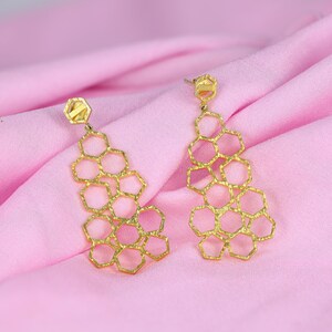 Beehive Earrings Gold Plated Long Drop 23-Inch Statement Jewelry Lightweight Unique Gift for Her