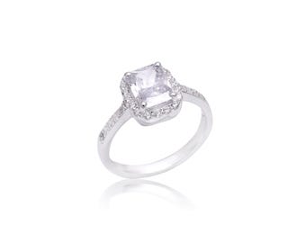 Radiant Cut VVS Moissanite Halo Ring, Sterling Silver Bridal Promise Ring