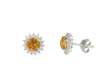 Sterling Silver Citrine Stud Earrings: Checker-Cut Gemstone with Zircon