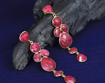 Ruby Drop Earrings, 925 Sterling Silver Gold Plated Statement Dangle Earrings