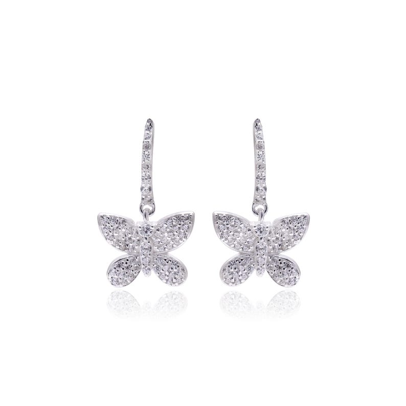 May include: A pair of silver-toned butterfly earrings. Each earring features a butterfly-shaped pendant encrusted with small, clear gemstones. The earrings have a dangling design with a post and hook closure.