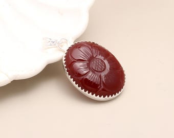 Red Onyx Carved Pendant | Oval 5cm | 925 Silver