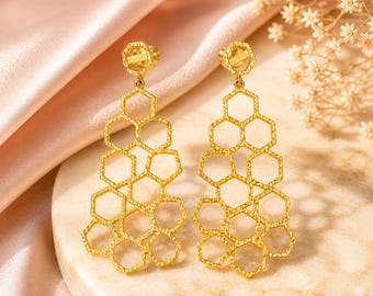 Gold Plated Honeycomb Drop Earrings, Long Statement Beehive Jewelry