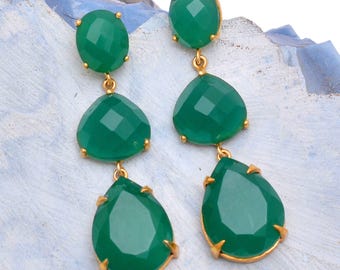 925 Sterling Silver Green Onyx Drop Earrings, May Birthstone, Emerald Gemstone Jewelry