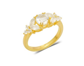 Handmade 925 Silver Gold-Plated Moonstone Ring | Cut Stone Ring in Mixed Shapes | All Sizes