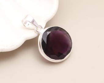 Amethyst Cut Stone Pendant | Round 3cm | 925 Silver