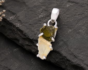 Raw Moldavite Pendant, Libyan Desert Glass Crystal Necklace in 925 Silver