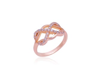 Rose Gold Infinity Ring, 925 Sterling Silver Adjustable CZ Knot Band