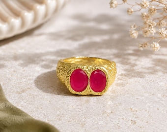 14K Gold Vermeil Double Chalcedony Ring, Textured Artisan Statement Ring, Bold Pink Gemstone Jewelry