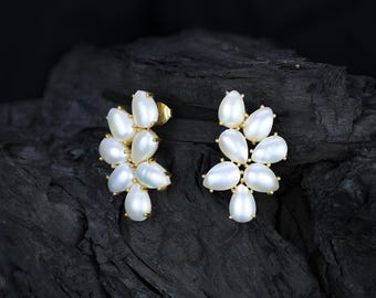 18K Gold Plated Natural Pearl Cluster Earrings, Pear Shaped Pearl Stud Earrings, Elegant Bridal Jewelry Gift for Her