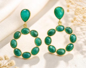 Emerald Drop Hoop Earrings, 925 Sterling Silver Gold Plated Statement Earrings