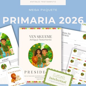 Può includere: Una raccolta di materiali stampati con il testo "PRIMARIA 2026" e "VEN SIGUEME Antiguo Testamento." Le illustrazioni presentano personaggi dei cartoni animati di un uomo, una donna, un leone e un agnello. La combinazione di colori include blu, verde e bianco.