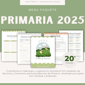 May include: A green and white printable planner for Primary leaders in the Church of Jesus Christ of Latter-day Saints. The planner includes a list of birthdays, a planner for activities, a time to share lesson, a leadership sheet, and a cover page with a house and a path leading to it. The text on the cover page reads "Doctrina y Convenios" and "Presidenta". The text on the planner reads "20+ Pages".