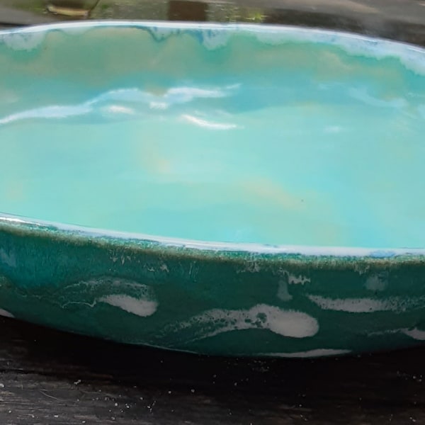 Shallow Bowl, 8.5" x 1.25"  deep, aqua and turquoise glaze in a sky and sea design, handmade stoneware, dinner bowl