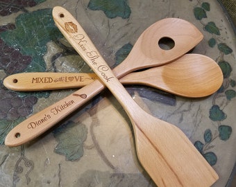 Kitchen Wooden Spoon Set Custom Personalized- Engraved - Wedding Gift- Cooking Gift- Chef Gift- Bridal Shower- Baking - Mother's Day