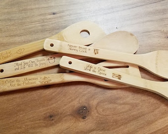 Personalized Bamboo Utensil Set, Engraved Wood Cooking Utensils, Gift