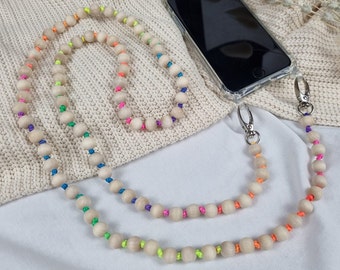 Handykette Crossbody Kette bunt geknüpft mit Holzperlen, tolles Mamageschenk