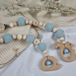 Stroller chain set with Maxi Cosi chain, wooden animal and color selectable, nice gift for birth, light blue