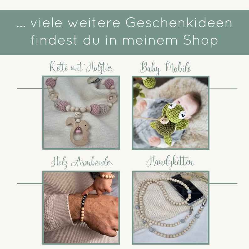 May include: A collection of handmade wooden jewellery and accessories. The image shows a pink and grey crocheted baby necklace with a wooden squirrel attached, a wooden baby mobile with a green crocheted turtle, a wooden bracelet, and a wooden phone strap.