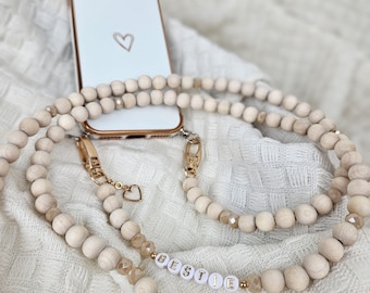Phone chain with phone case, personalized phone chain, phone chain with wooden beads, in various color options