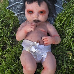 OOAK Horror Doll Handmade Fallen Angel Baby Doll 15 Inch Creepy Gothic Collectible Dark Fantasy Decor Doll